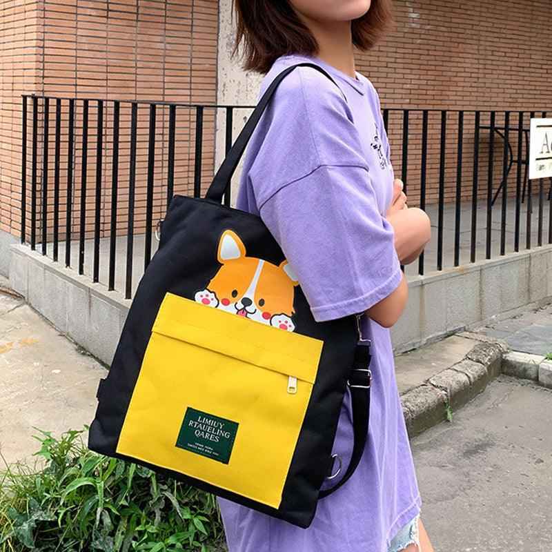 Canvas Crossbody Tote – Shiba Inu Bag with Multiway Carry Style