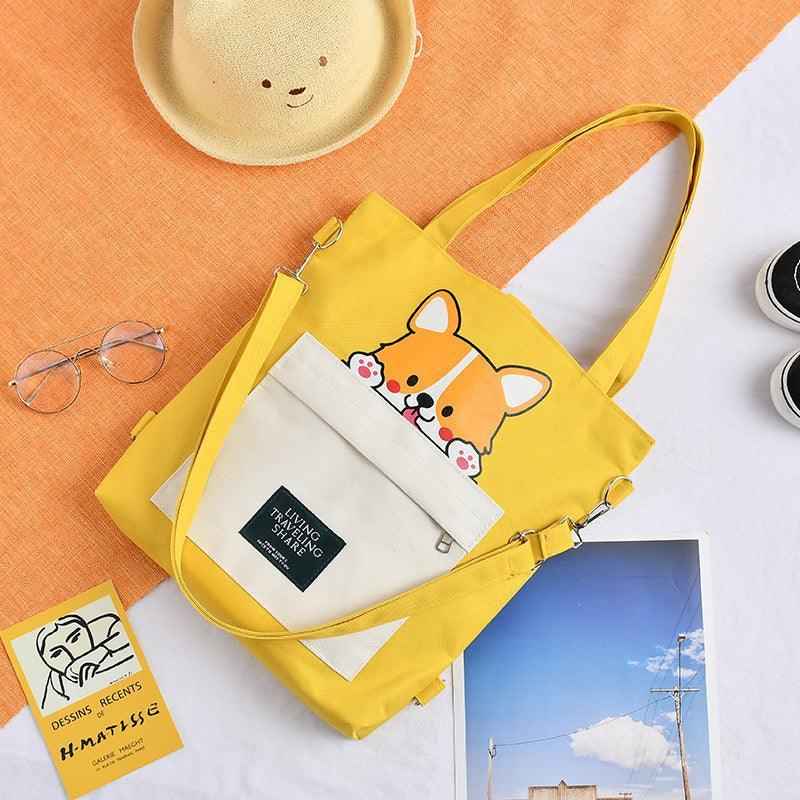 Canvas Crossbody Tote – Shiba Inu Bag with Multiway Carry Style